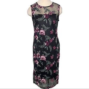 Calvin Klein Embroidered Sheath Dress Size 4 Black Floral Sleeveless Illusion